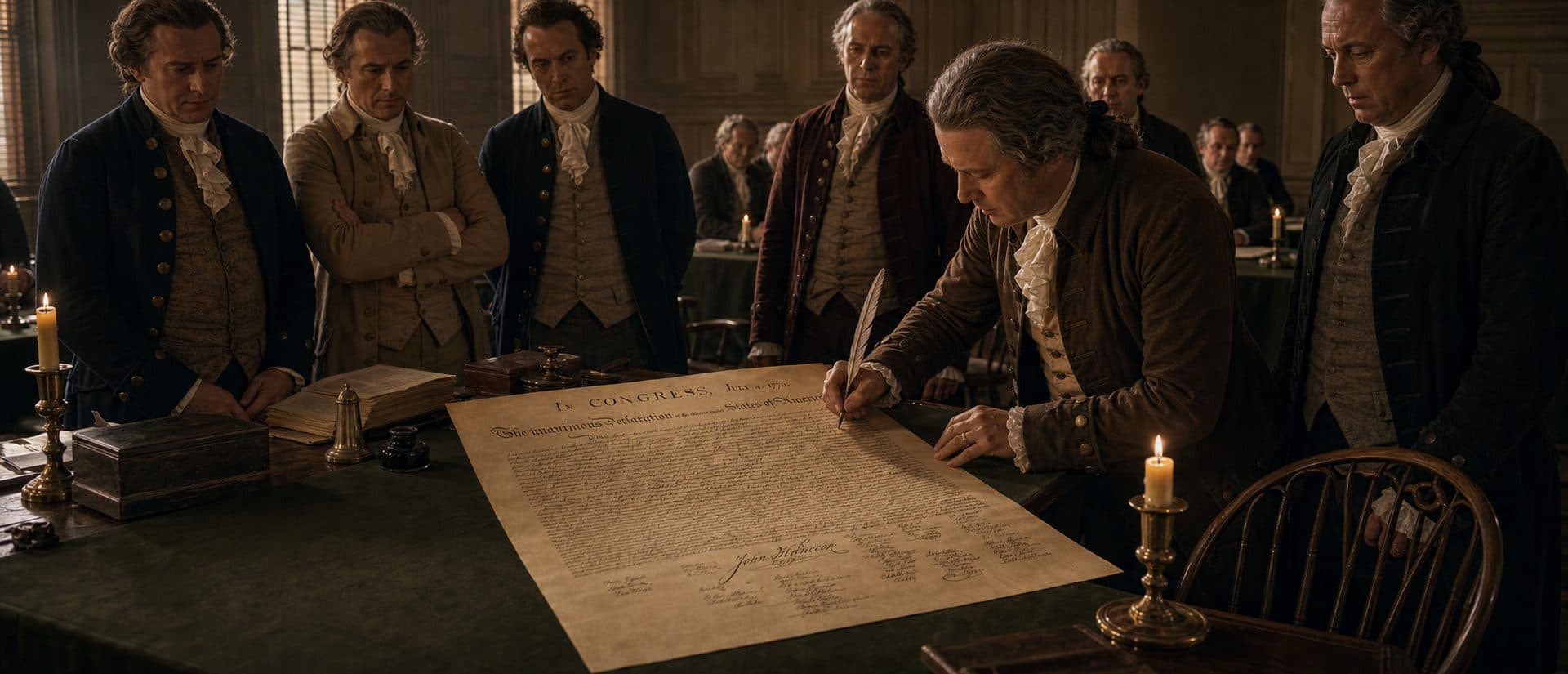 Most delegates signed the engrossed parchment on 2 August 1776. John Hancock's oversized signature is the most famous. 56 men signed in all.