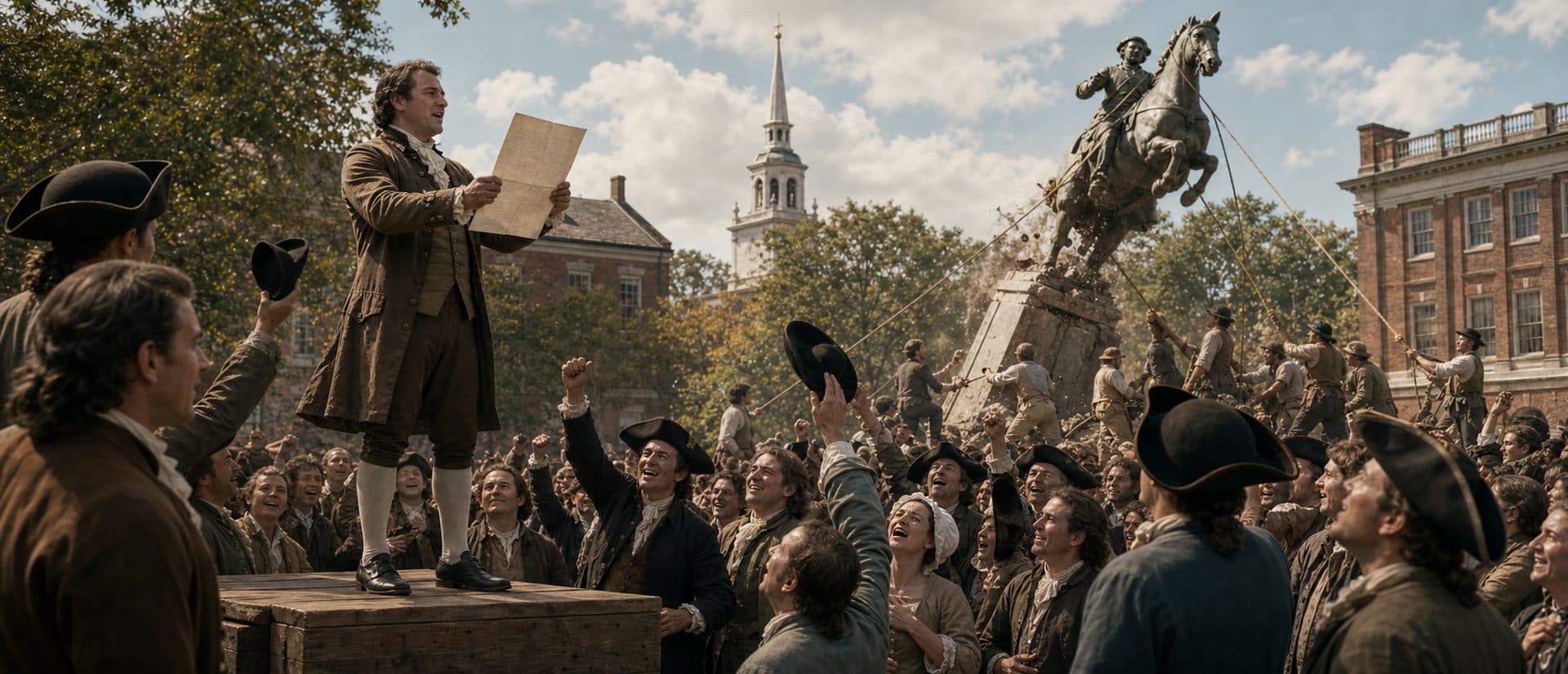 The Declaration was first read publicly on 8 July 1776. Read to Washington's troops in New York on 9 July, soldiers toppled a statue of King George III and melted it for musket balls.