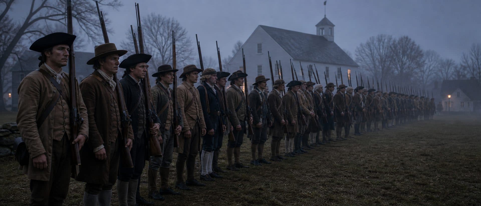 About 77 militia under Captain John Parker assembled on Lexington Green to face some 700 British regulars.
