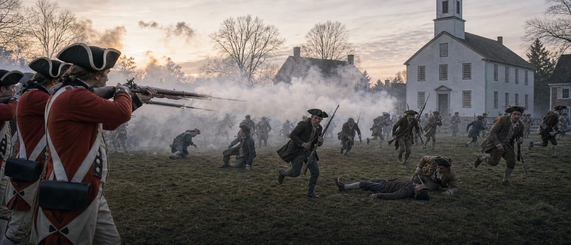 Someone fired — no one knows who. British volleys left 8 militia dead and 10 wounded at Lexington.