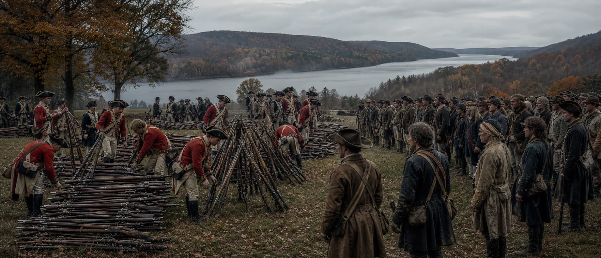 On 17 October 1777, Burgoyne surrendered his entire army (~6,000 men) — the first surrender of a British army in the war.