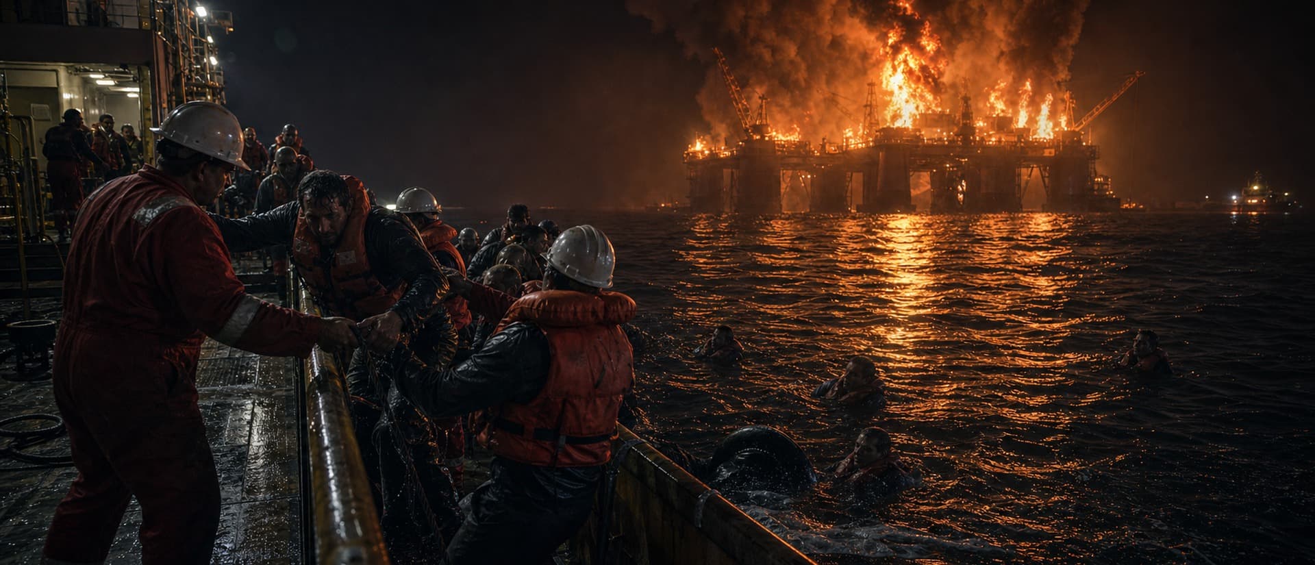 Survivors evacuated by lifeboat; the supply vessel Damon B. Bankston rescued crew from the water.
