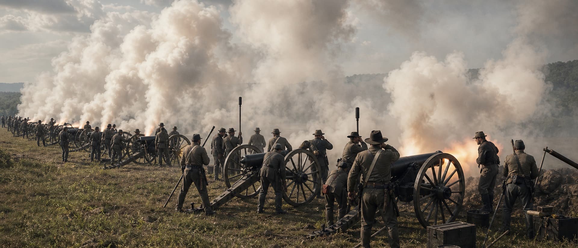 ~1:00–3:00 p.m. — a ~150-gun barrage that largely overshot the ridge; then, in the silence, the order to advance.
