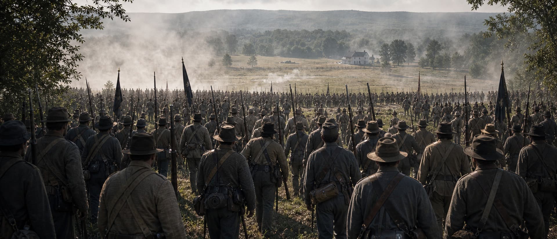 ~12,500 Confederate infantry step off across roughly three-quarters of a mile of open ground toward Cemetery Ridge.