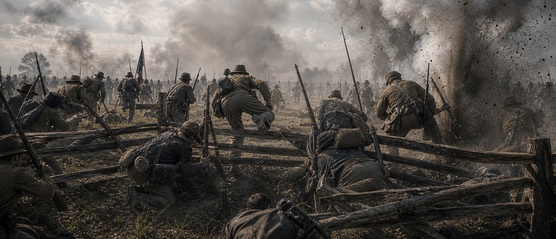 The Emmitsburg Road fences forced the attackers to stop and climb — under devastating canister fire from Union artillery at close range.