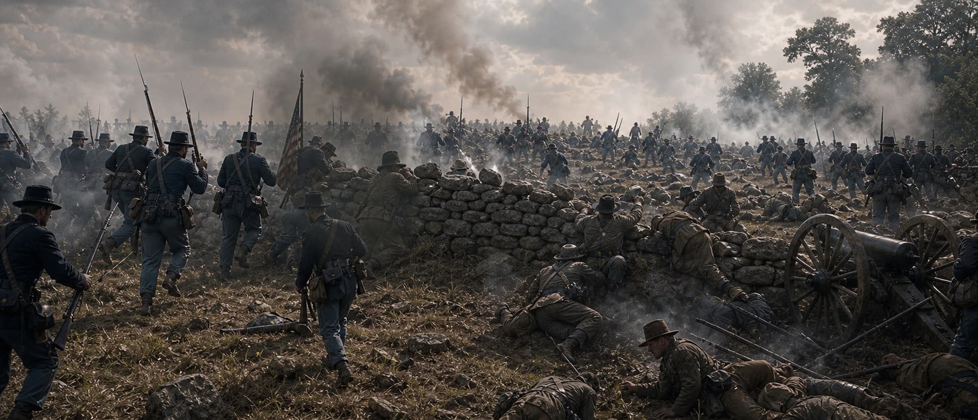 The breach at the Angle lasted only minutes. Union reserves counterattacked from three sides; Armistead was mortally wounded beside a Union cannon.