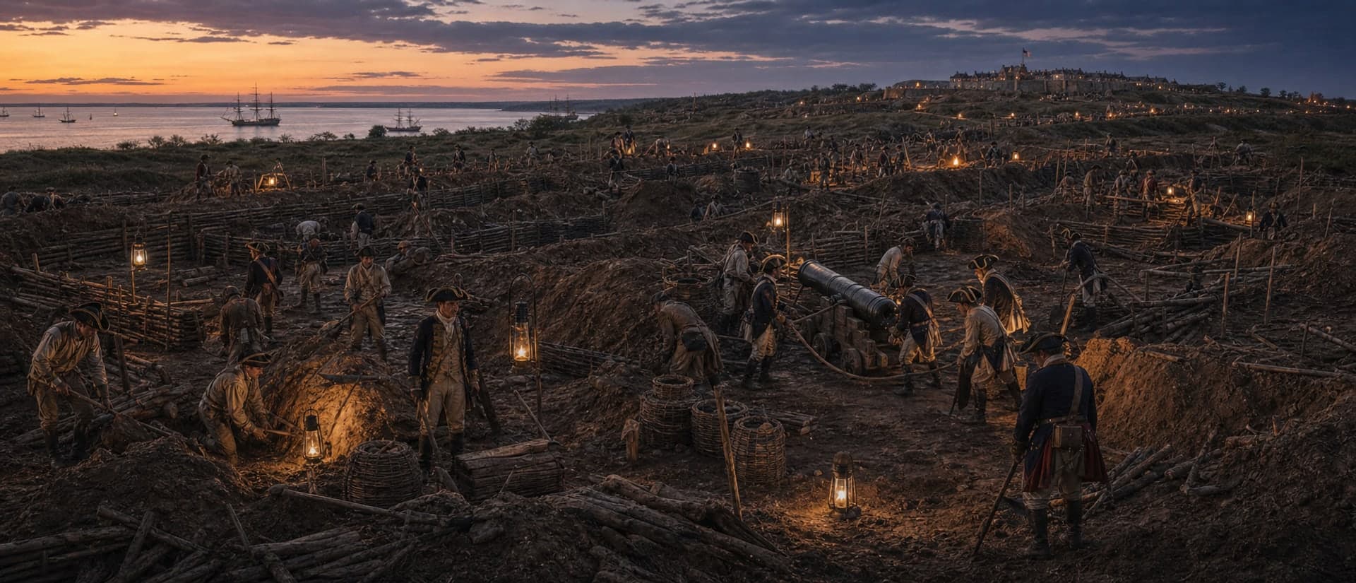 The combined Franco-American army (~18,000) besieged Yorktown, digging parallel siege trenches. Washington ceremonially opened the first siege line and fired an early gun.
