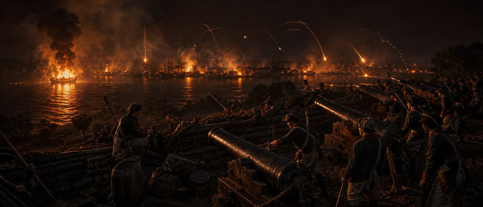 Allied siege batteries bombarded Yorktown around the clock, devastating the town and British defenses and forcing the garrison into shelters along the riverbank.