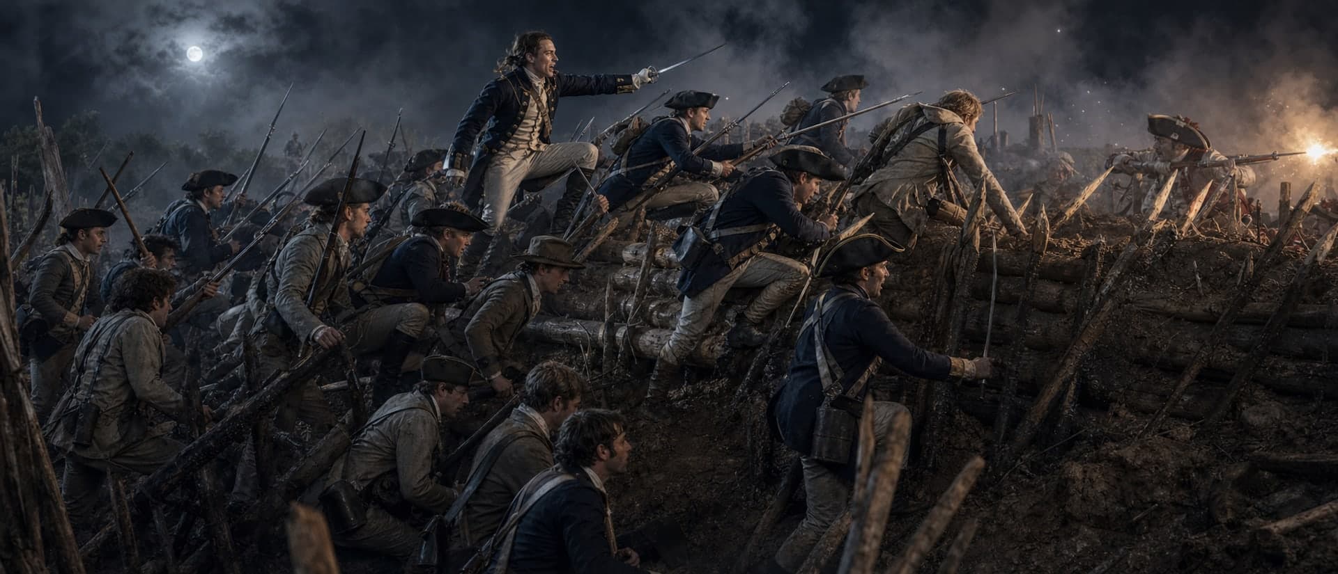 On the night of 14 October 1781, French troops stormed Redoubt 9 and American light infantry under Alexander Hamilton took Redoubt 10 with unloaded muskets and bayonets, letting the siege lines close in.