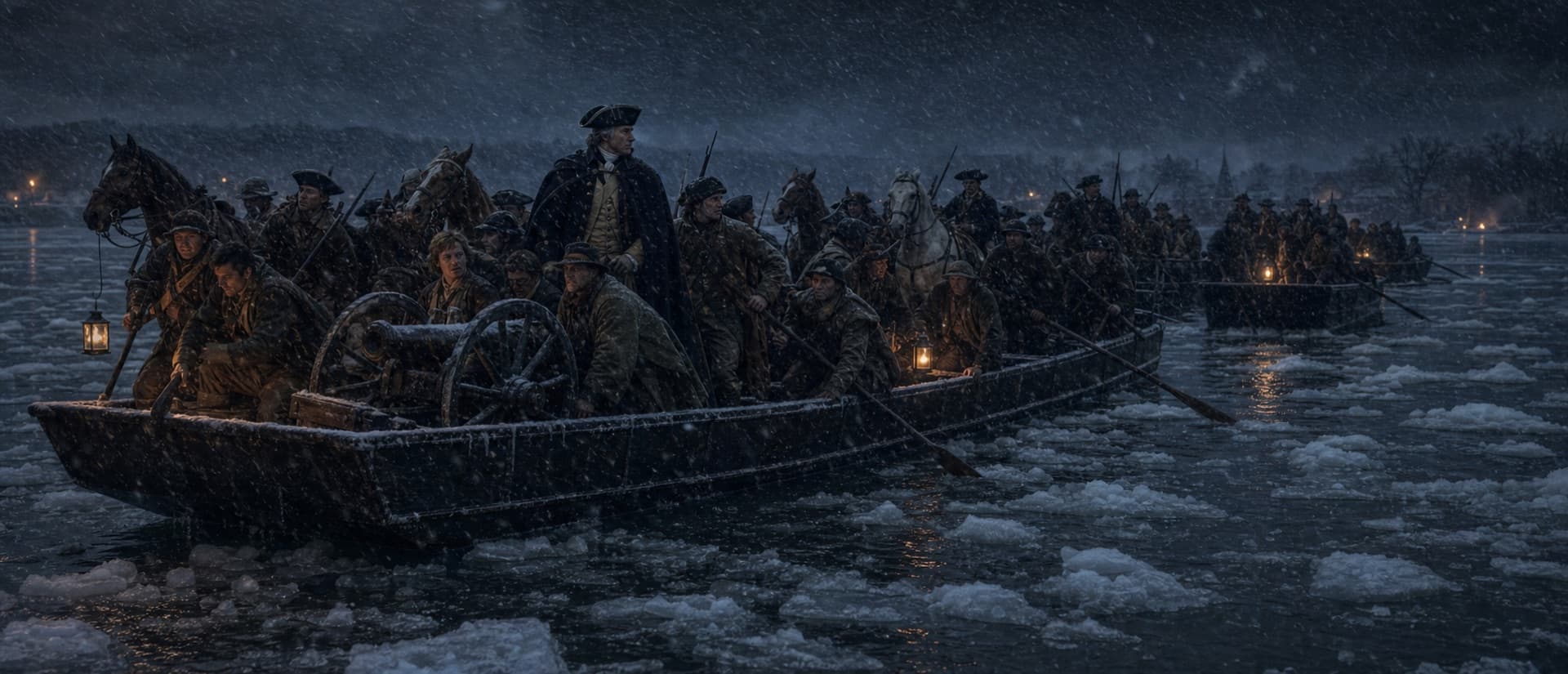 On the night of 25 December, in a nor'easter, Col. John Glover's Marblehead mariners ferried ~2,400 men, horses, and 18 cannon across the ice-choked Delaware.